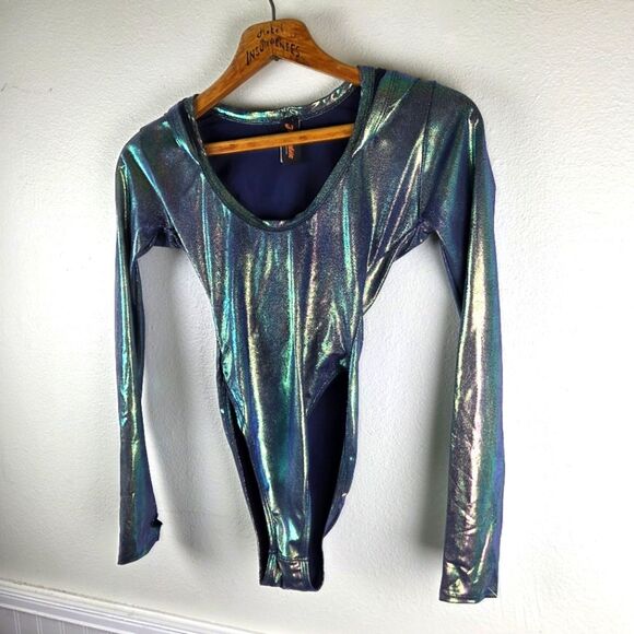 Women's J. Valentine Rave EDC Metallic Iridescent Long Sleeve Bodysuit Sz S/M - Picture 2 of 11